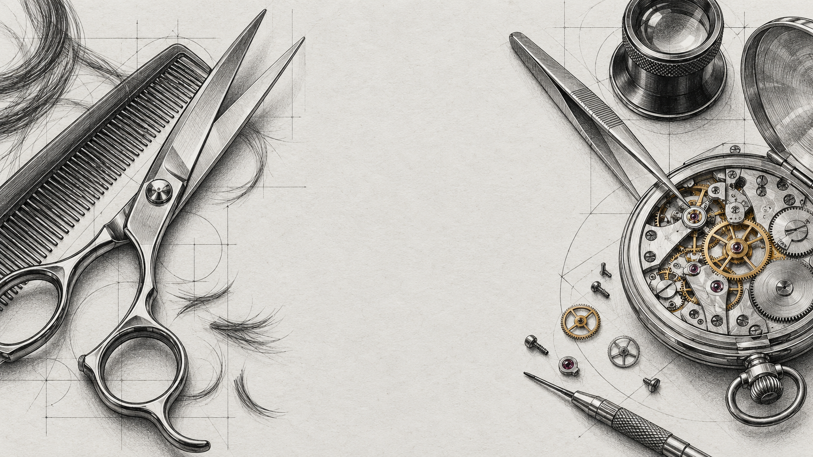 Illustration of barber shears beside watchmaker tweezers and a watch movement