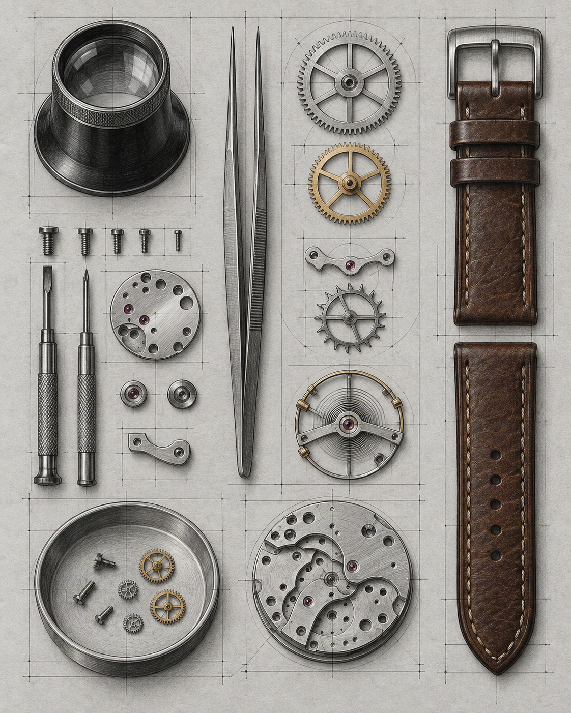 Illustration of a watchmaker bench with loupe, tweezers, and gears